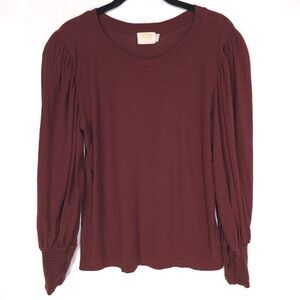 NATION LTD Burgundy Pima Cotton Blouse‎ Long Sleeve Smocked Cuff Women M